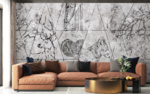 Fototapeta z motywem trójkątów i leśnych zwierząt i roślin Leśna Geometria - główne zdjęcie produktu