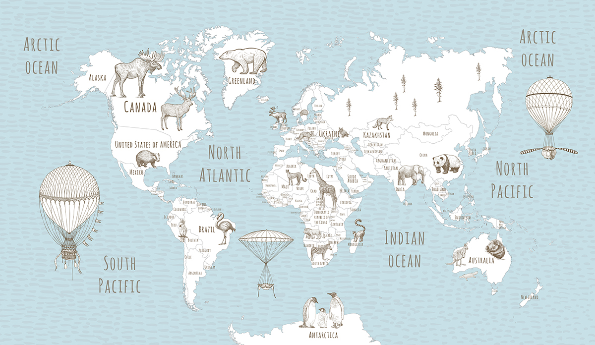 Blue,Map.,World,Map.,Wallpaper,For,Kids.,Wall,Wallpaper.,Cute