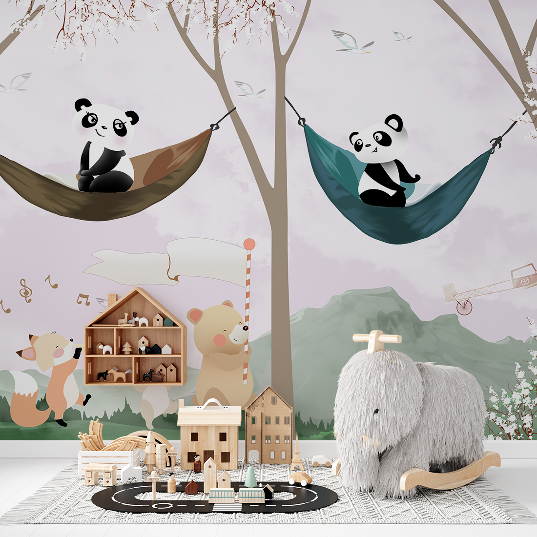 Foto murale Pandat që pushojnë midis pemëve