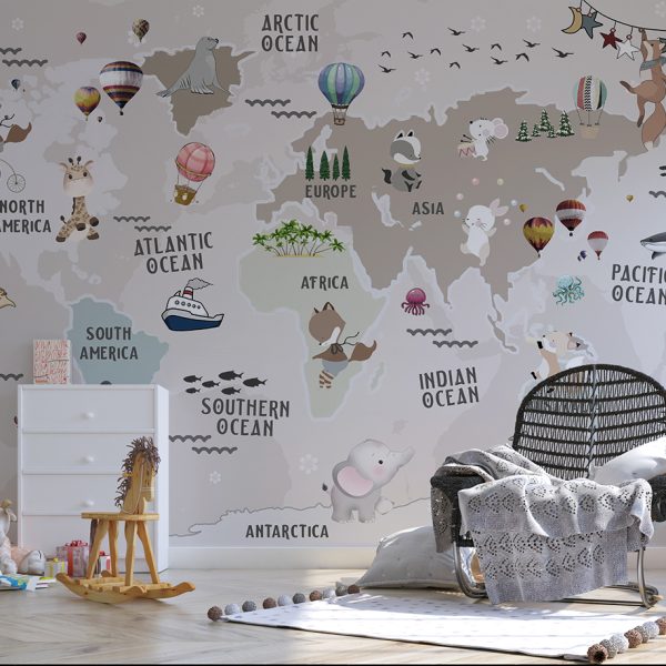 Foto murale Harta e Botës me Kafshë