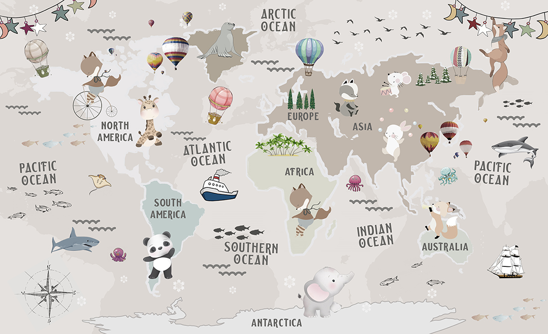 Educational,World,Map,Animals,Wallpaper,Design,For,Children's,Rooms