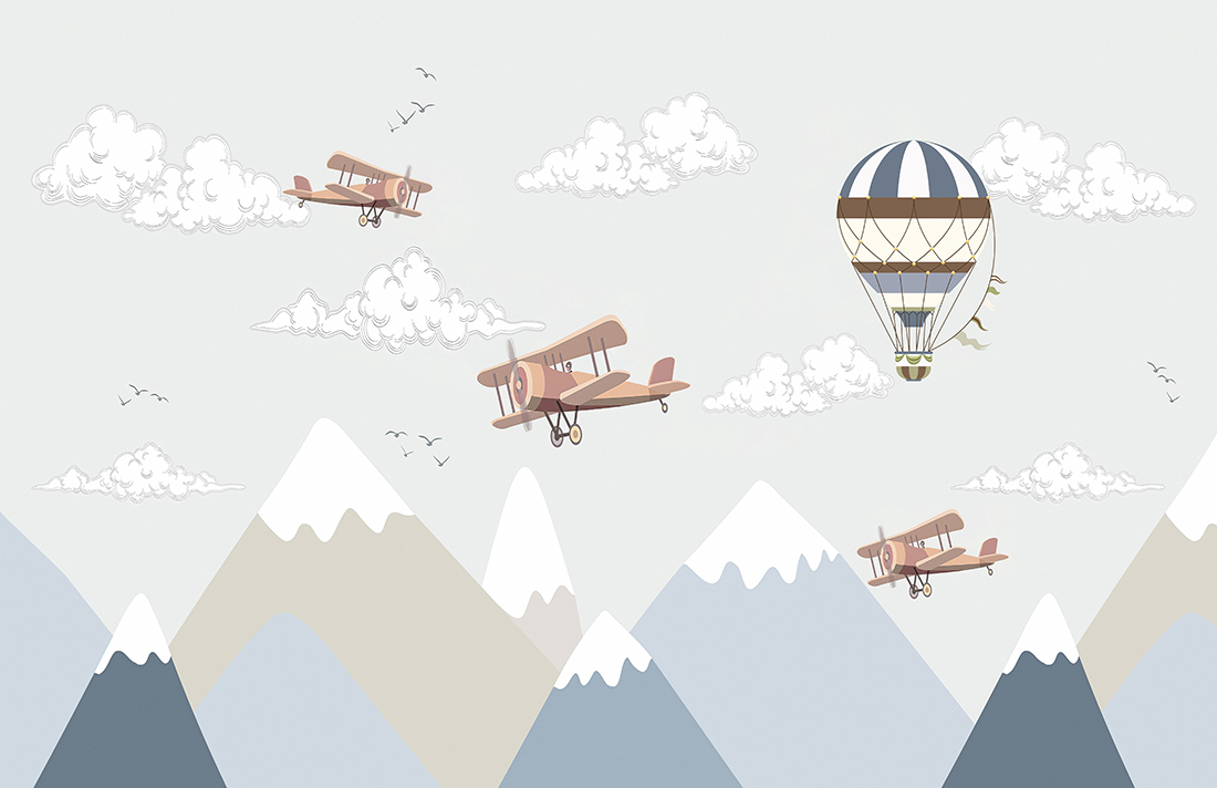 Mountains,And,Hot,Air,Balloons,Wallpaper,Mural,For,Kids,,Retro