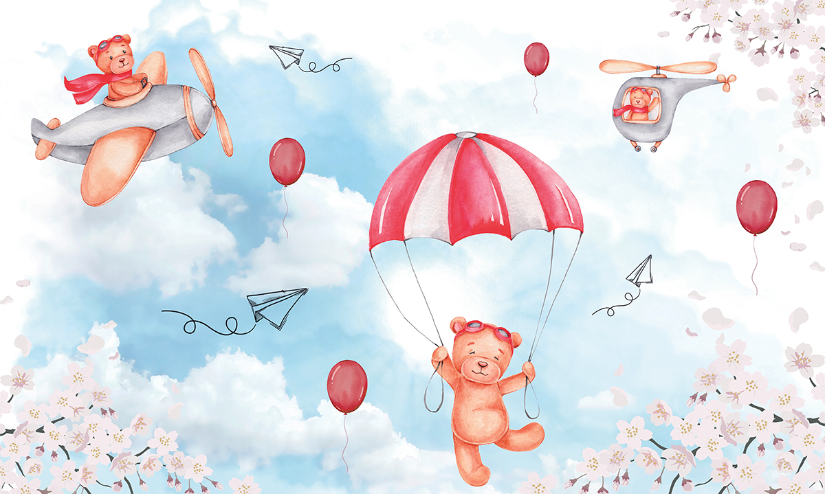 Red,Cute,Teddy,Bears,Hot,Air,Balloons,Blue,Sky,Background
