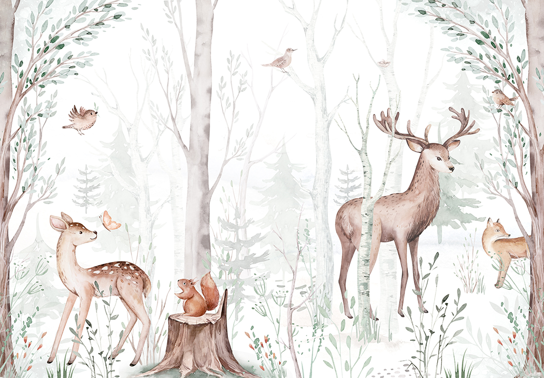 Woodland cartoon Animals watercolor illustration template. Pre made frame for baby shower, birthday invitation kids baby deer, fox in the forest. Cute bear, rabbit and birds