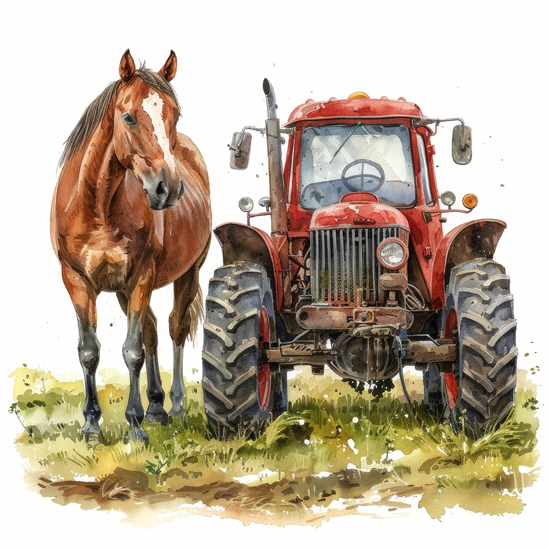 A horse stands beside a vintage red tractor in a lush green fiel