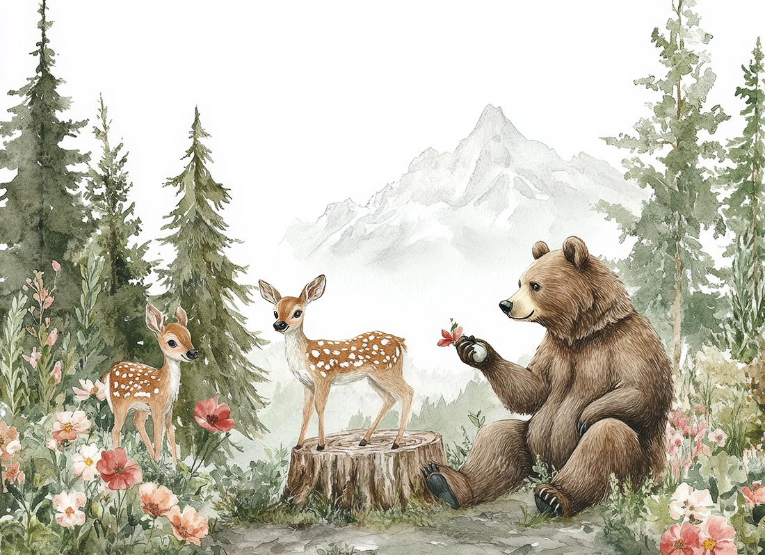 Watercolor Forest Scene with Brown Bear, Deer, Flowers, Trees an