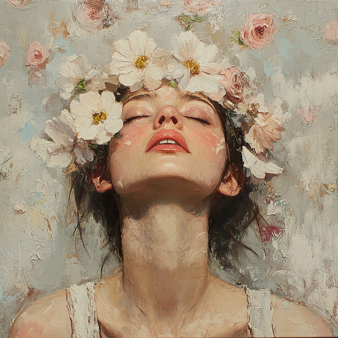 Serene Woman with Flower Crown: A Dreamy Portrait