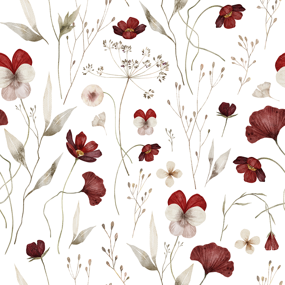 Watercolor seamless pattern with bright red wildflowers, leaves.