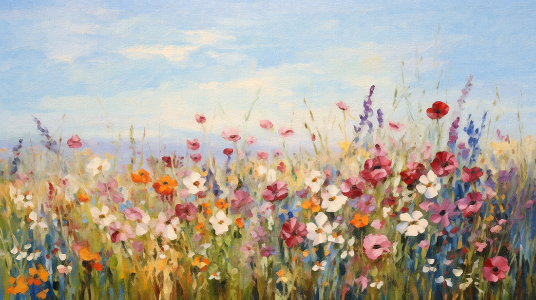 Oil painting illustration of lush blooming summer meadow with co