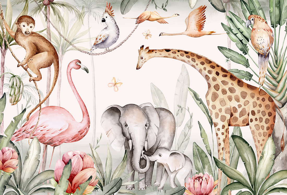 Watercolor illustration of African Animals: elephant and monkey, cockatoo, wild parrot and giraffe, flamingo isolated white background. Safari savannah animals.
