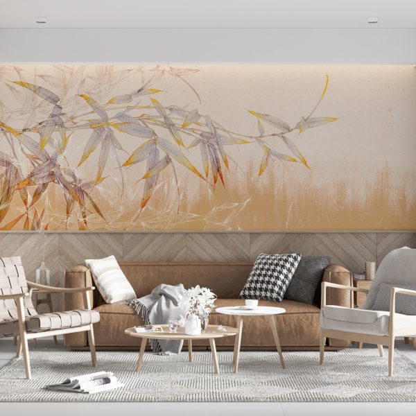 Foto murale Gjethe bambuje në një mur kajsie