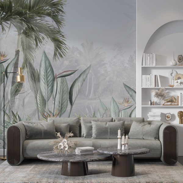 Foto murale Lule ekzotike dhe palma në mjegull