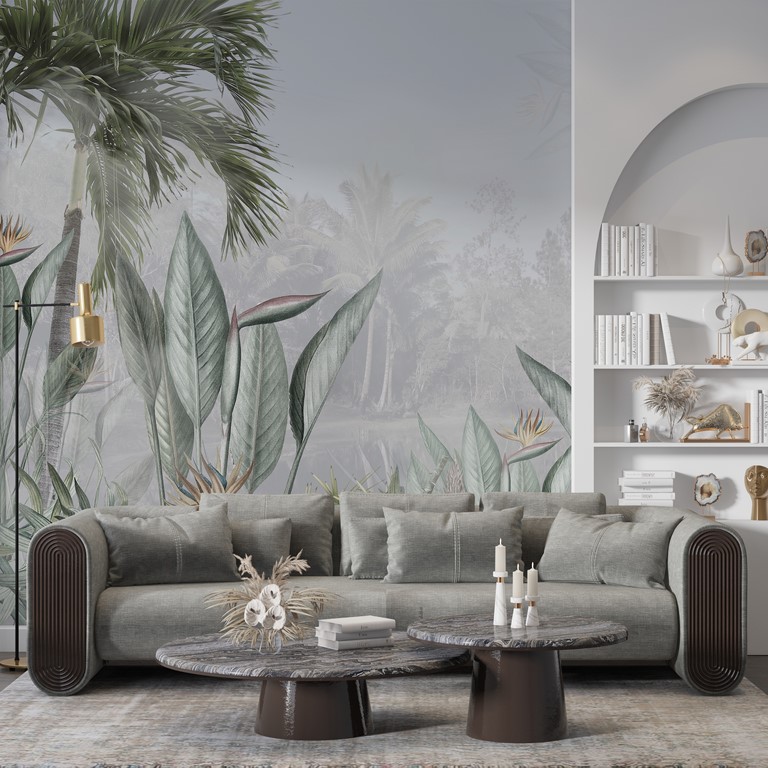 Foto murale Lule ekzotike dhe palma në mjegull
