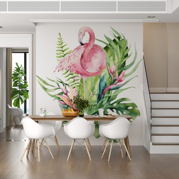 Foto murale Flamingo në gjethe