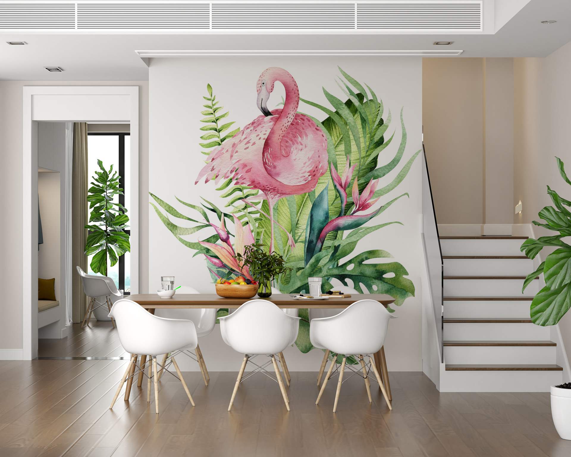 Foto murale Flamingo në gjethe