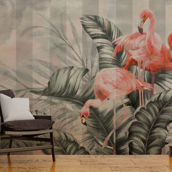Foto murale Flamingo në gjethe