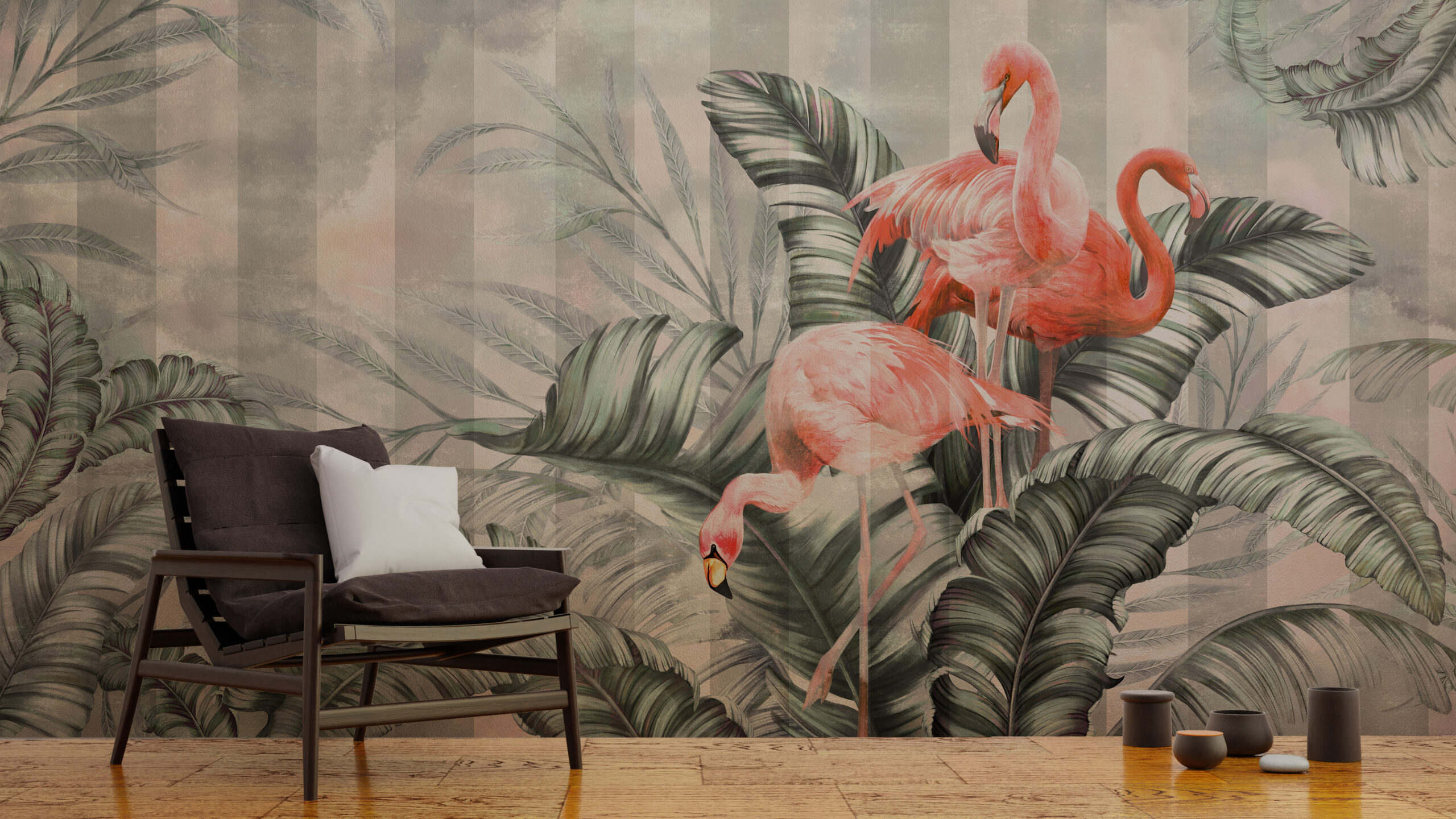 Foto murale Flamingo në gjethe