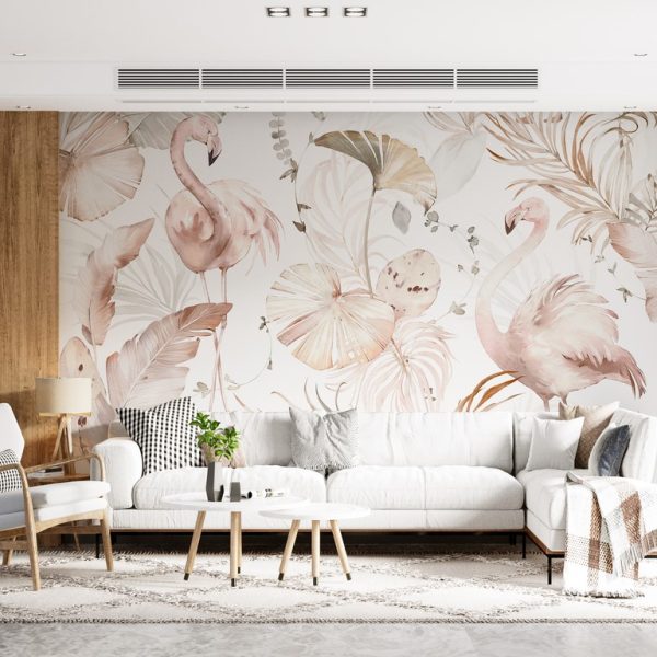 Foto murale Flamingo me gjethe rozë