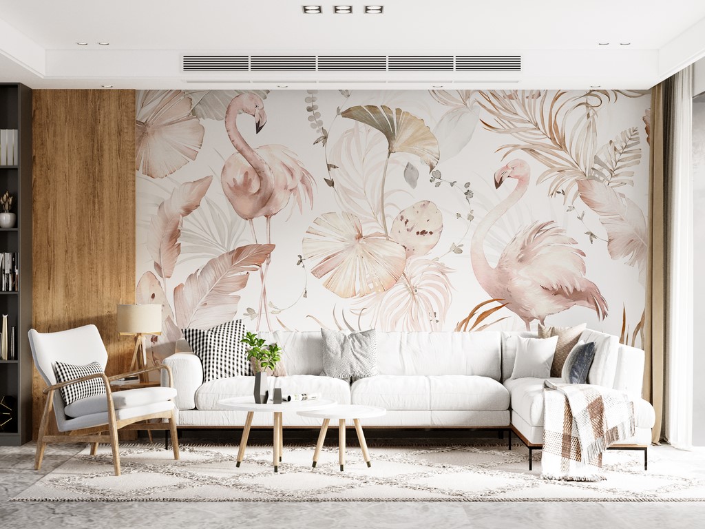 Foto murale Flamingo me gjethe rozë