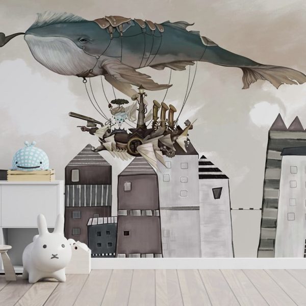 Foto murale Balena Fluturuese Mbi Qytet Për Fëmijë