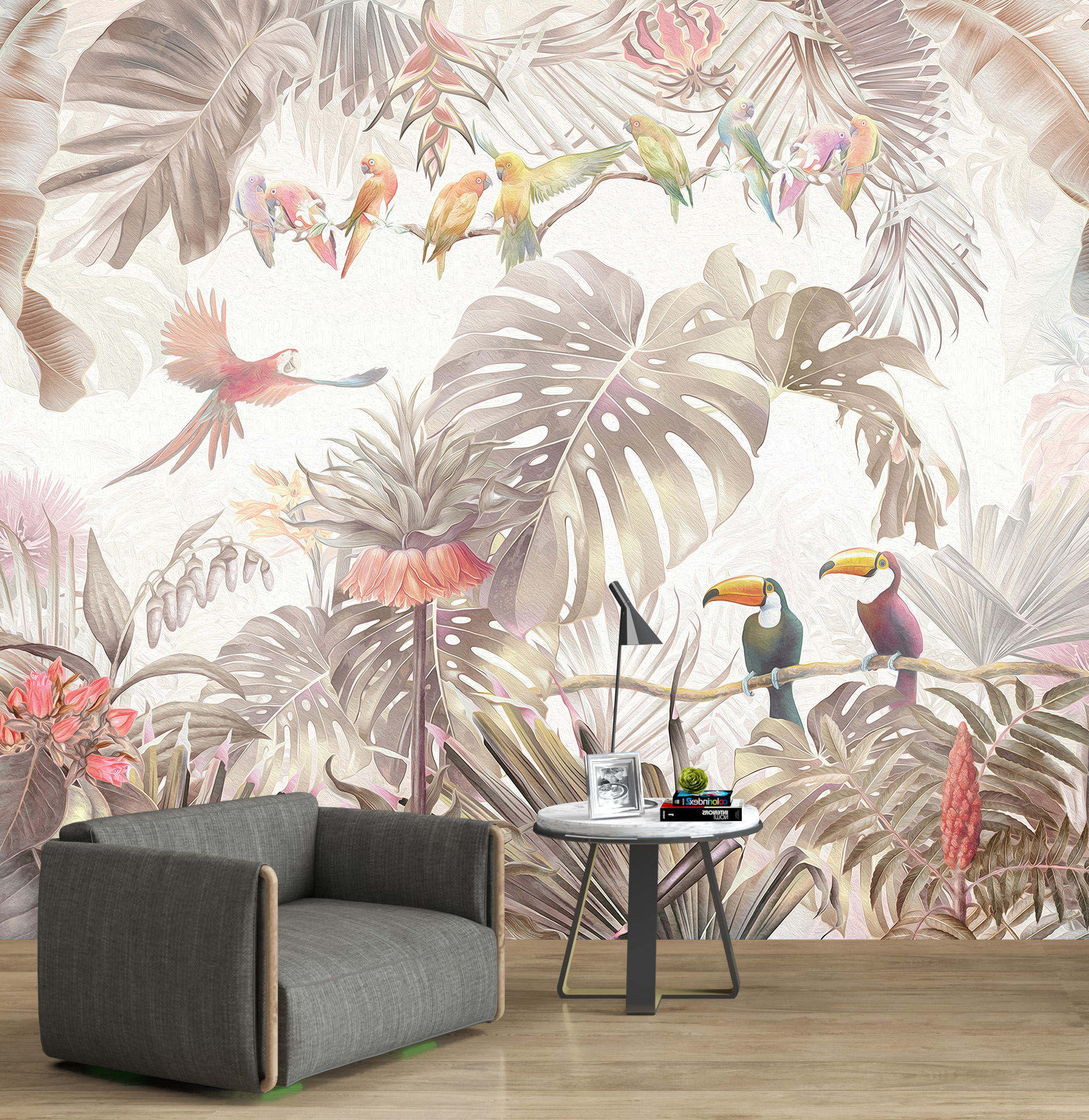 Foto murale Gjethe papagalli dhe monstera