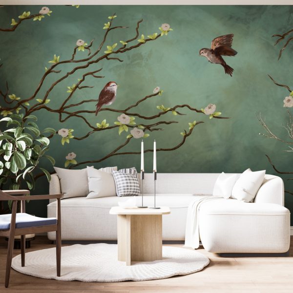 Foto murale Një palë zogjsh në një pemë që lulëzon