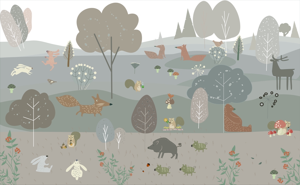 Wallpapers with forest animals in Scandinavian style.