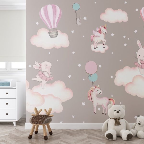 Foto murale Lepuj rozë dhe njëbrirësh