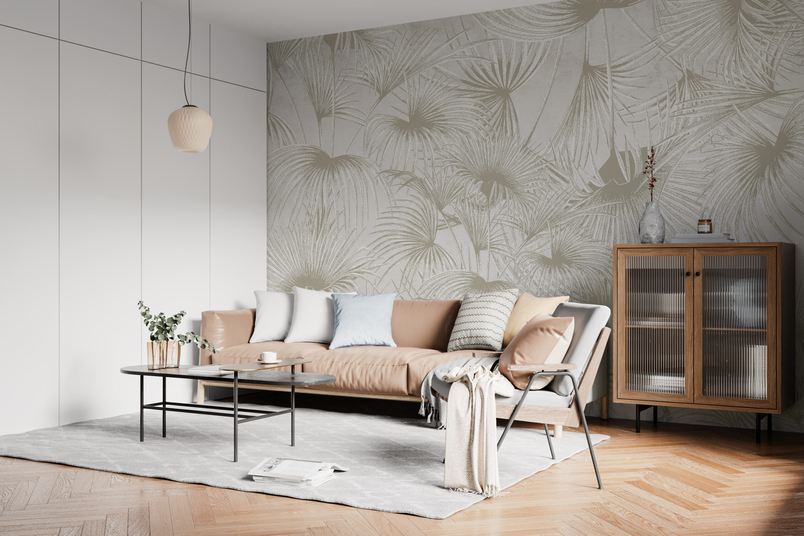 Foto murale Mur me palma ngjyrë bezhë