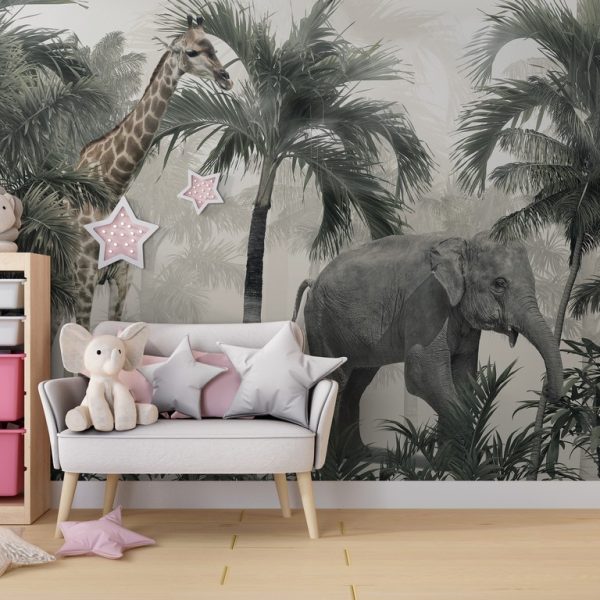 Foto murale Elefanti dhe gjirafa në xhungël