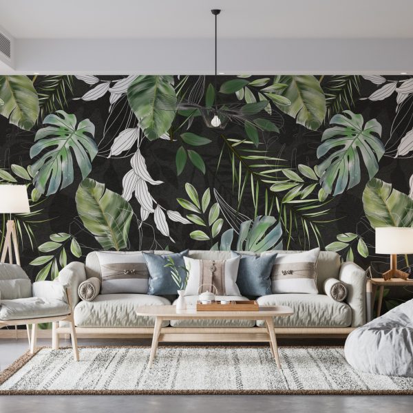 Foto murale Gjethe tropikale në sfond të zi