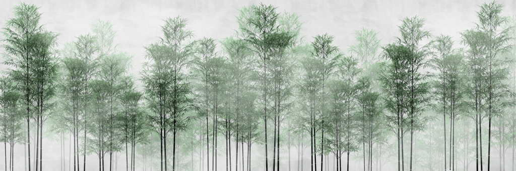 tropical trees and leaves in foggy forest wallpaper design - 3D illustration