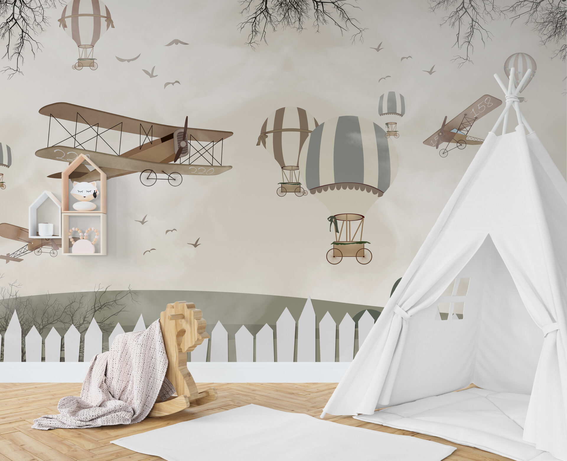 Foto murale Balona dhe aeroplanë shumëngjyrësh në qiell