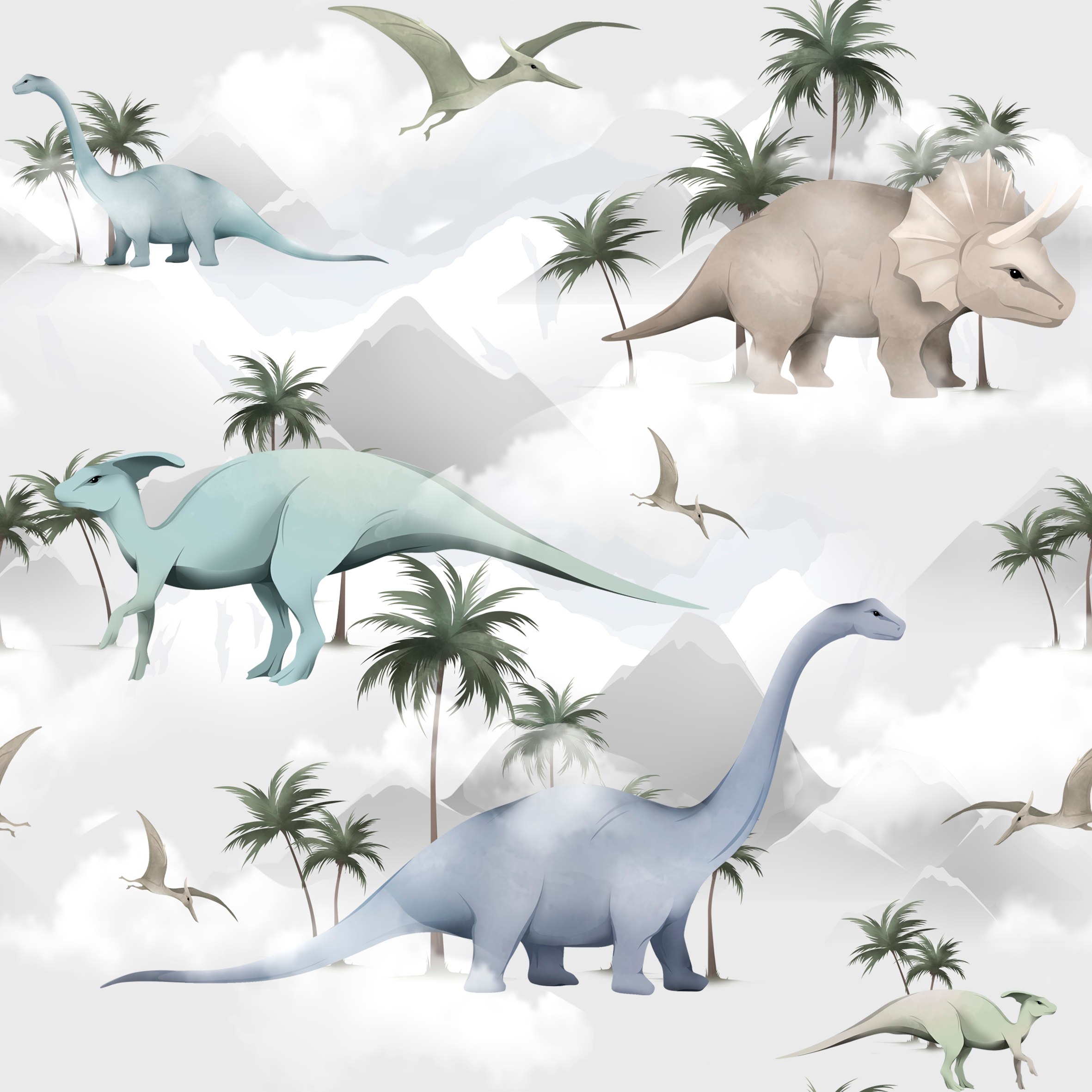 Seamless,Modern,Pattern,With,Dinosaurs,And,Palms.,Seamless,Background,For