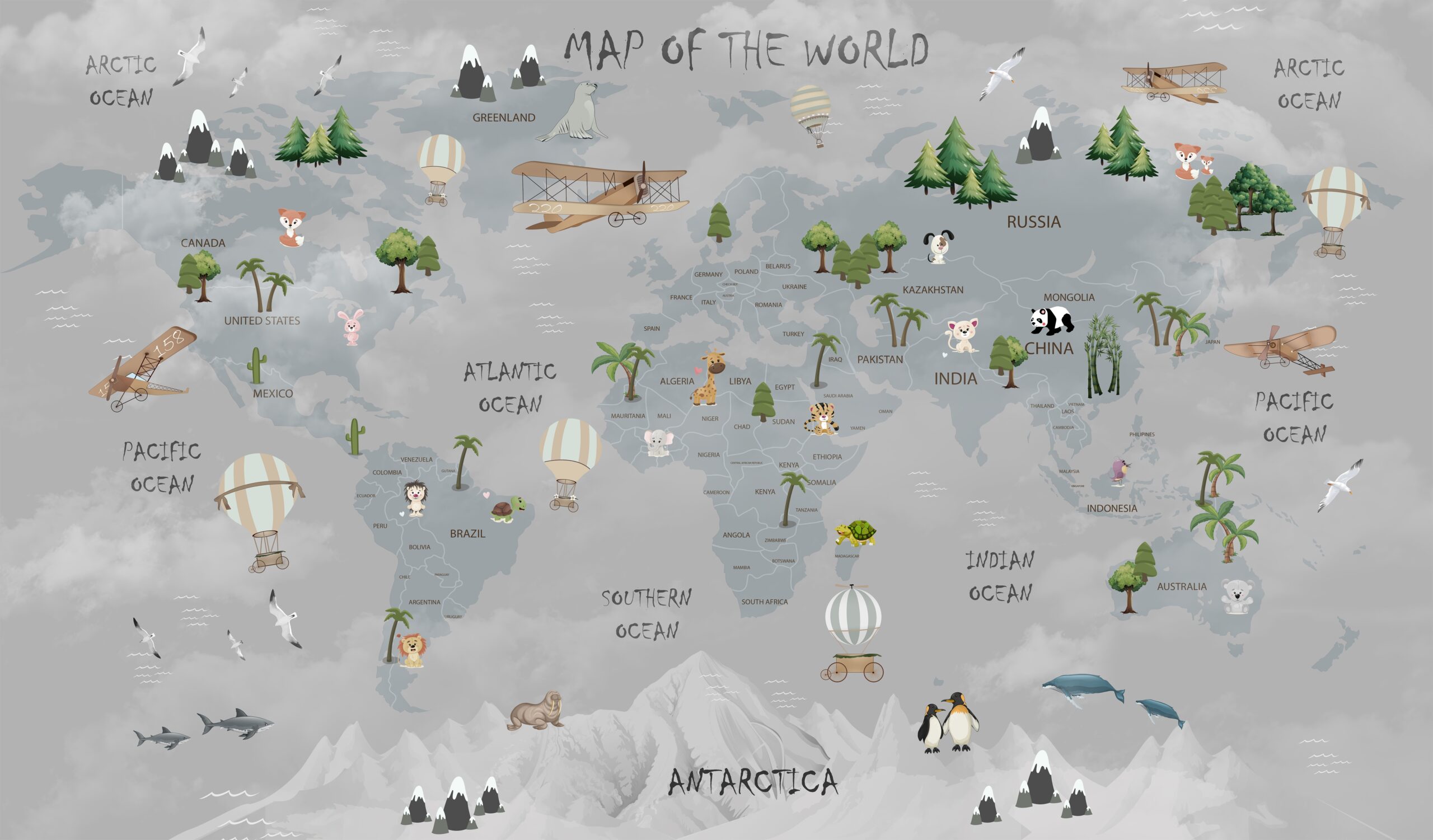 Animals,World,Map,For,Kids,Wallpaper,Design