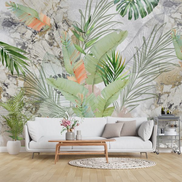 Foto murale Gjethe tropikale në mermer