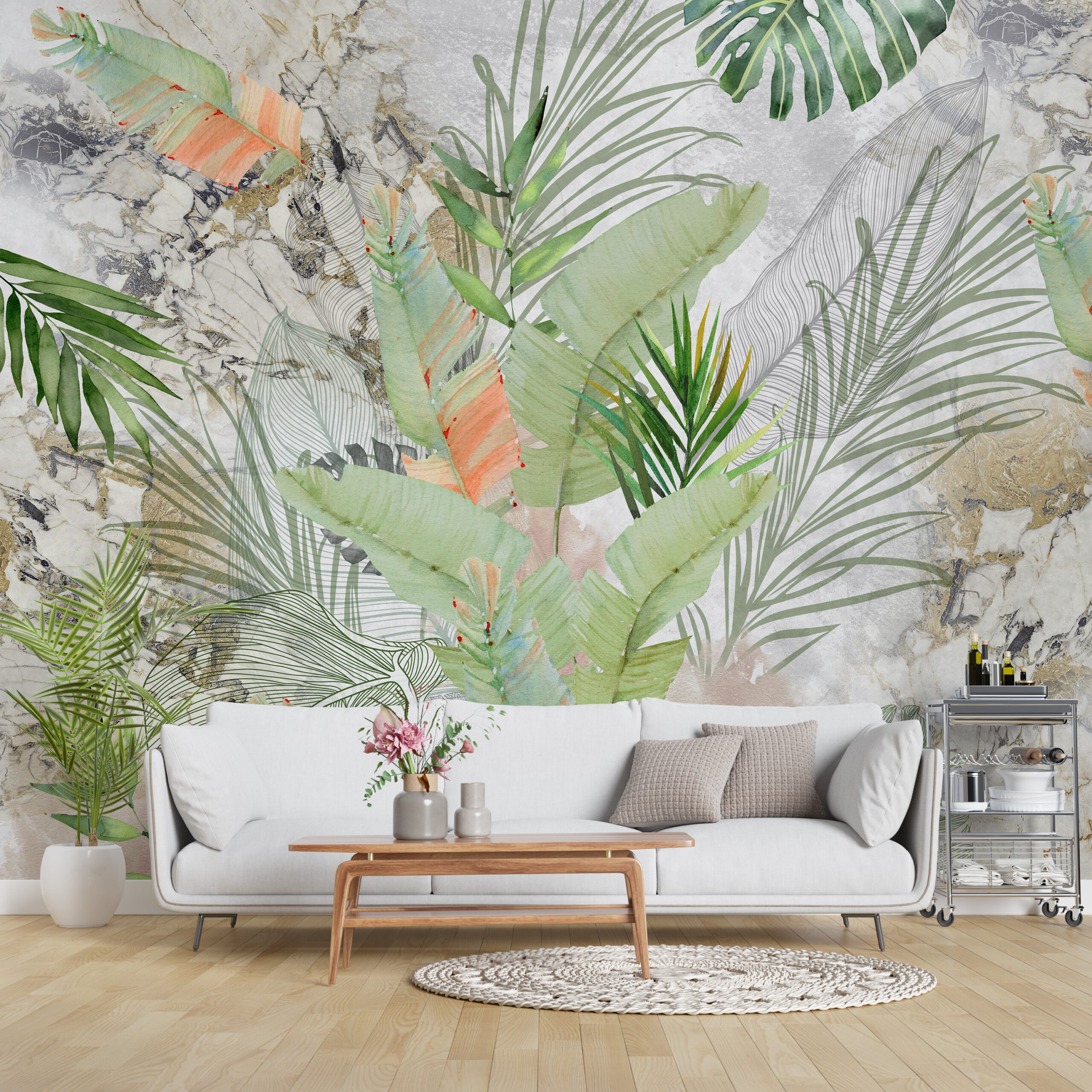 Foto murale Gjethe tropikale në mermer