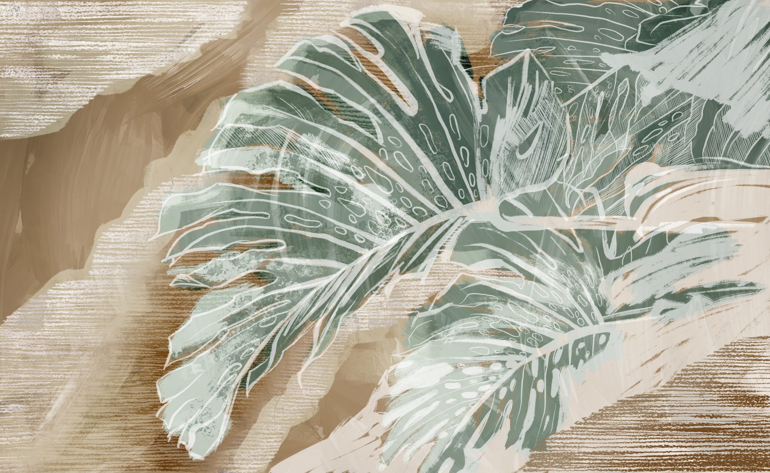 Graphic,Drawn,Exotic,Tropical,Leaves,On,Abstract,Wall.,Floral,Background.