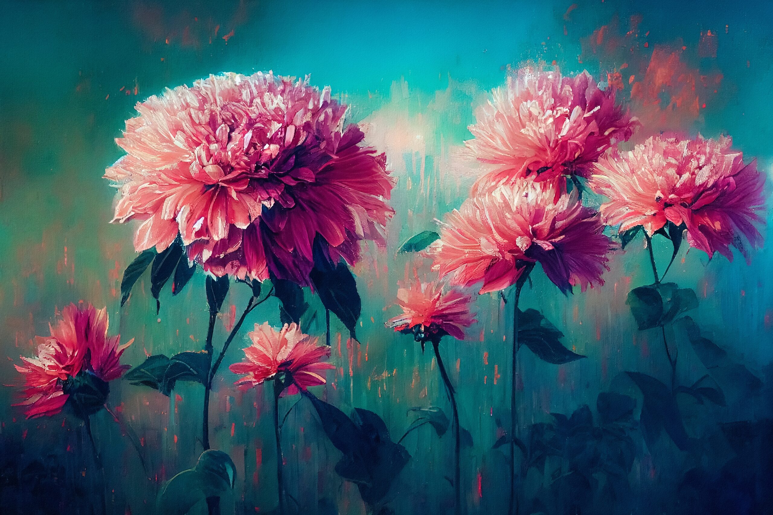Impressionist,Style,Artistic,Pink,Flower,Painting,On,A,Turquoise,Background.