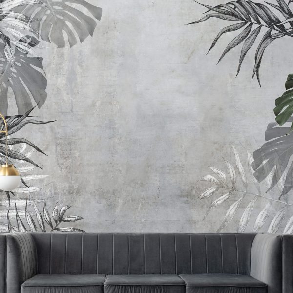Foto murale Gjethe tropikale në gri