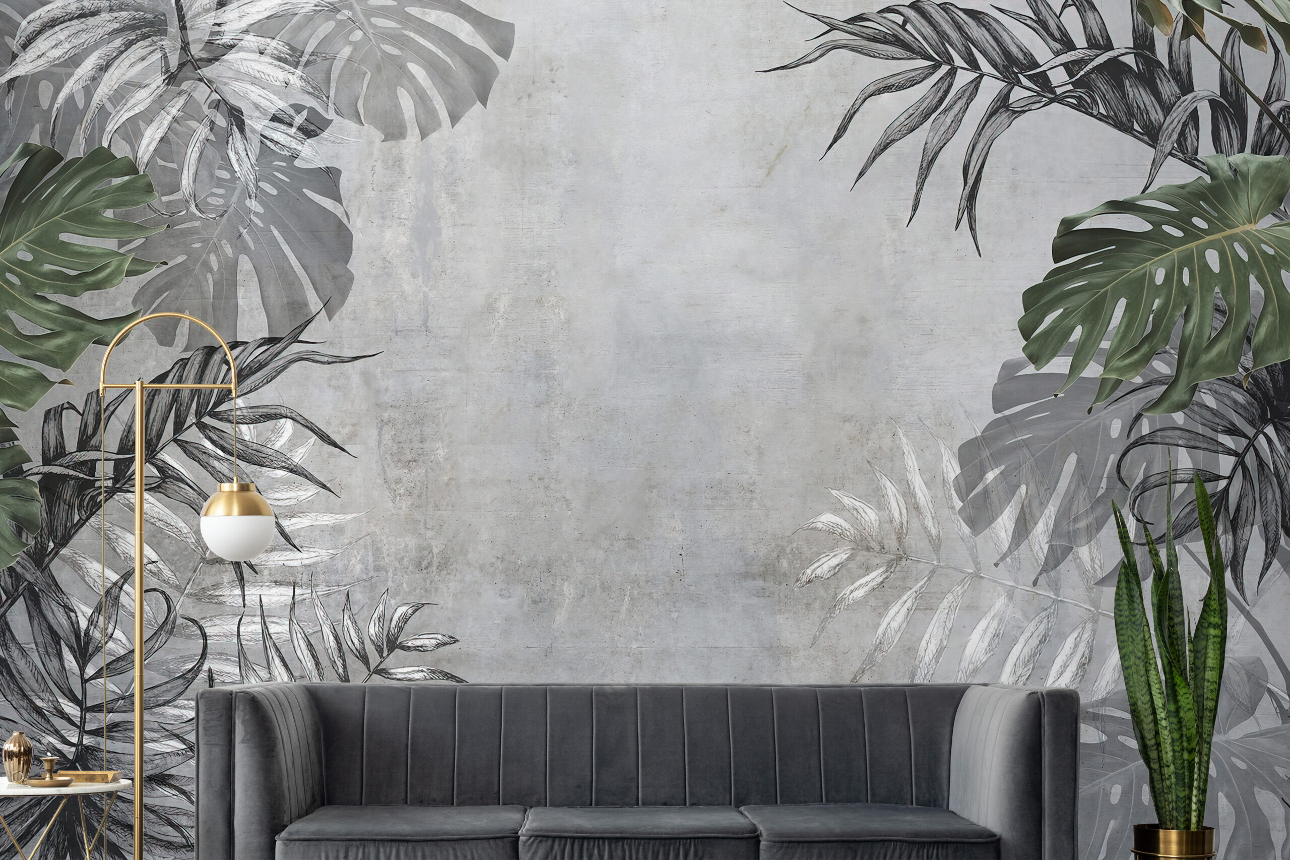 Foto murale Gjethe tropikale në gri