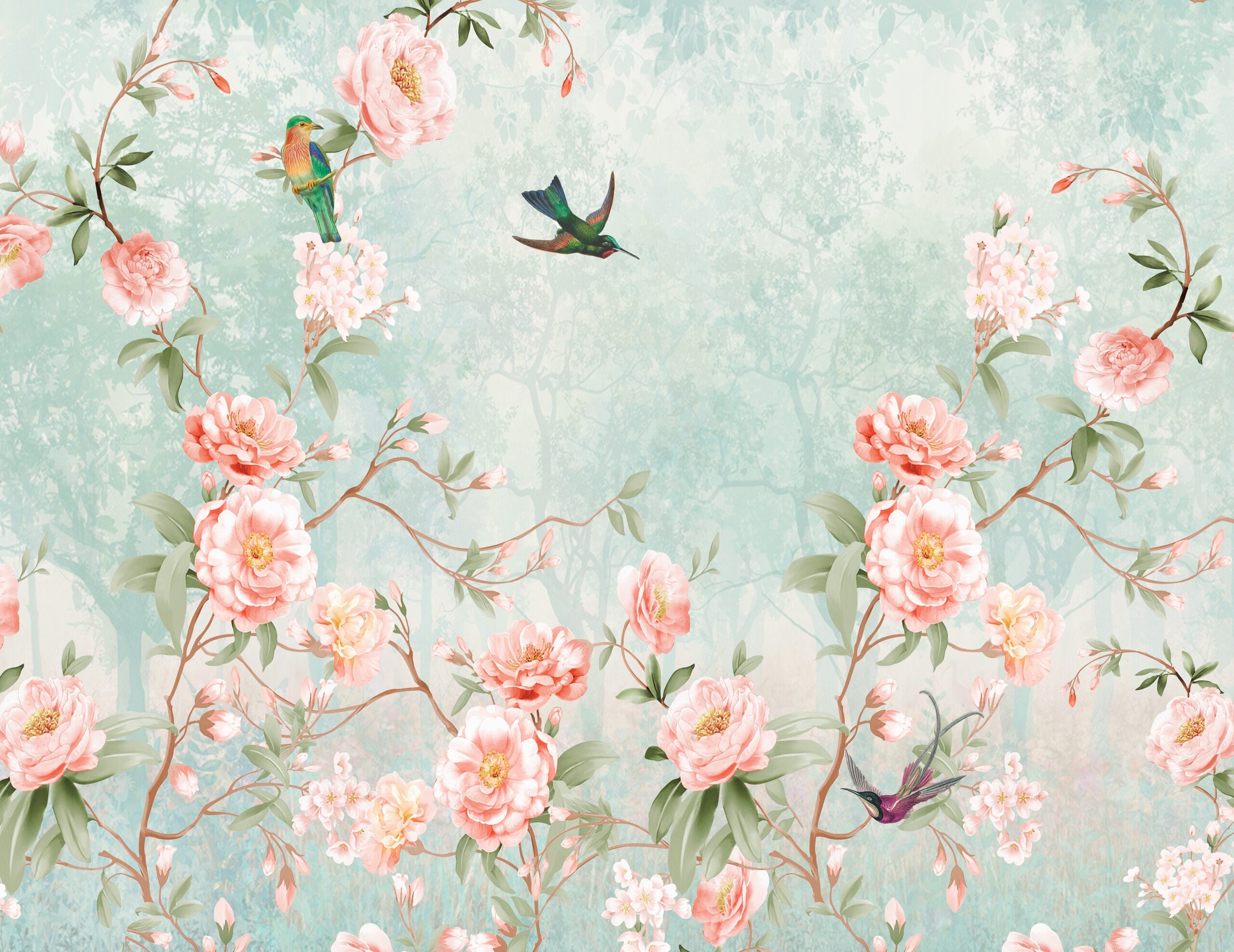 Blooming,Rose,Bush,,Birds,,Morning,Green,Forest,,Mural