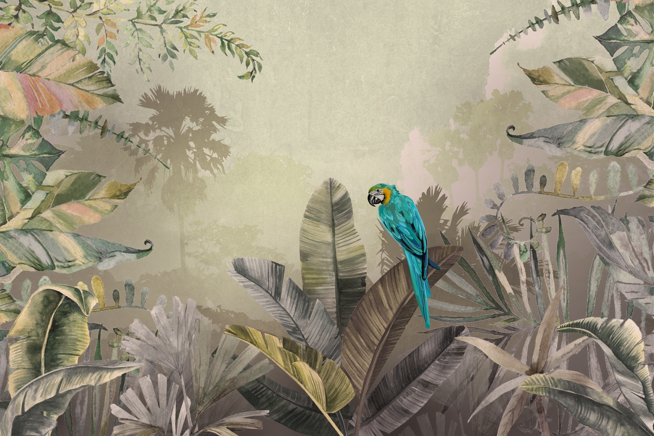 Parrot,Standing,On,Leaf,In,A,Forest,Of,Sepia,Hues.