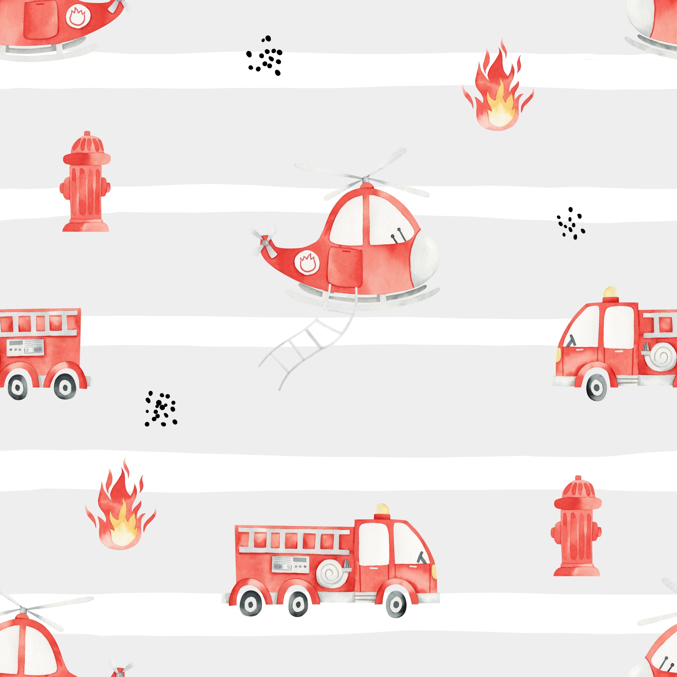 Seamless,Pattern,With,Fire,Trucks,,Helicopters,,Hydrants,On,Striped,Background.