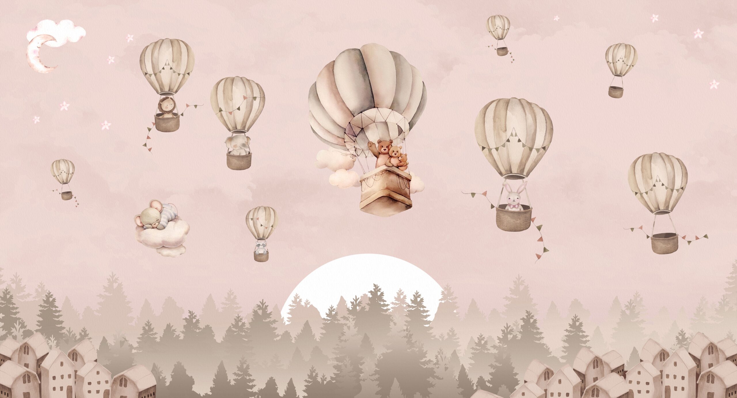 Baby's,Animals,In,Hot,Air,Ballons,,Pines,,Clouds,And,Little