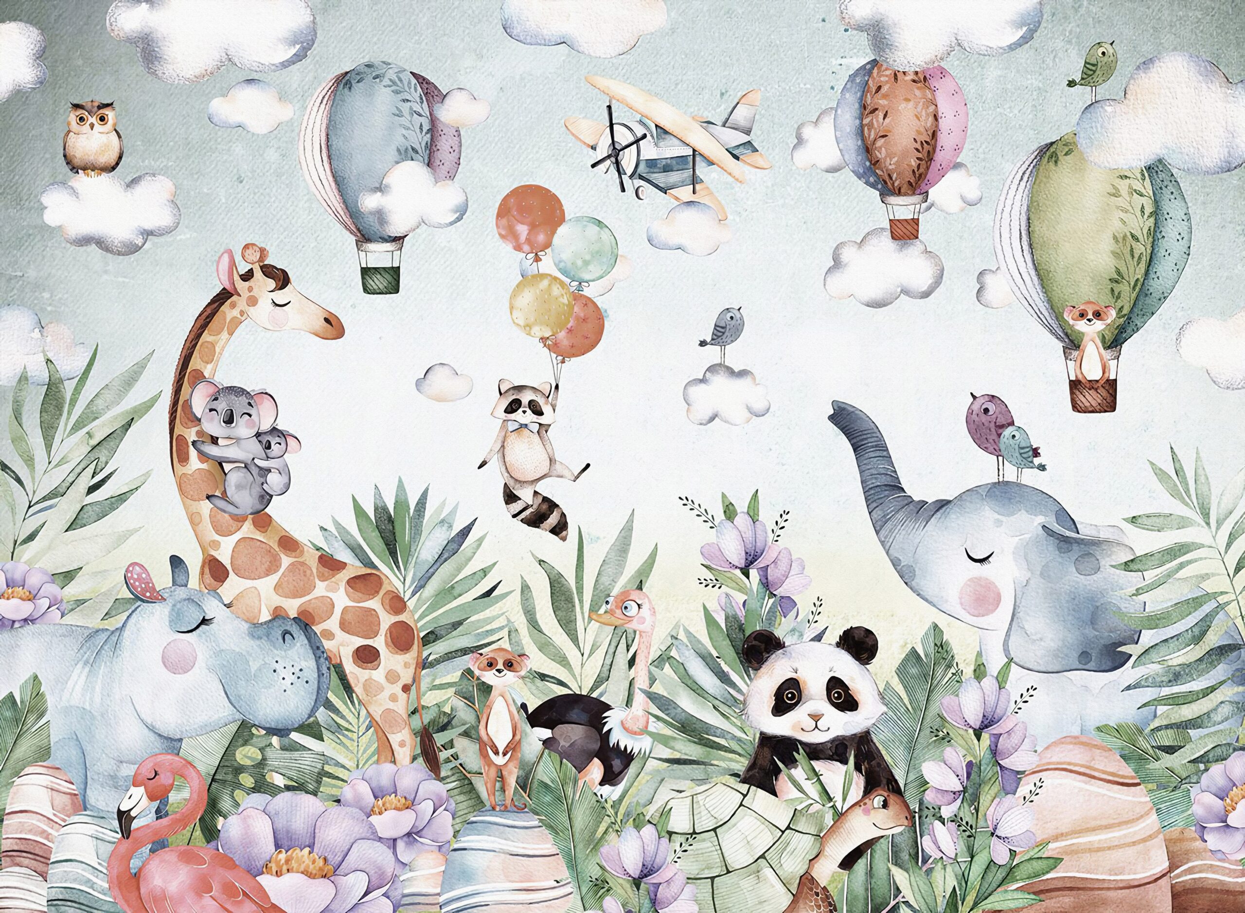 Safari,Jungle,Animals.,Giraffe,tiger,elephant,flamingo,panda,monkey,And,Bird.,Animals,Among,Tropical,Trees.