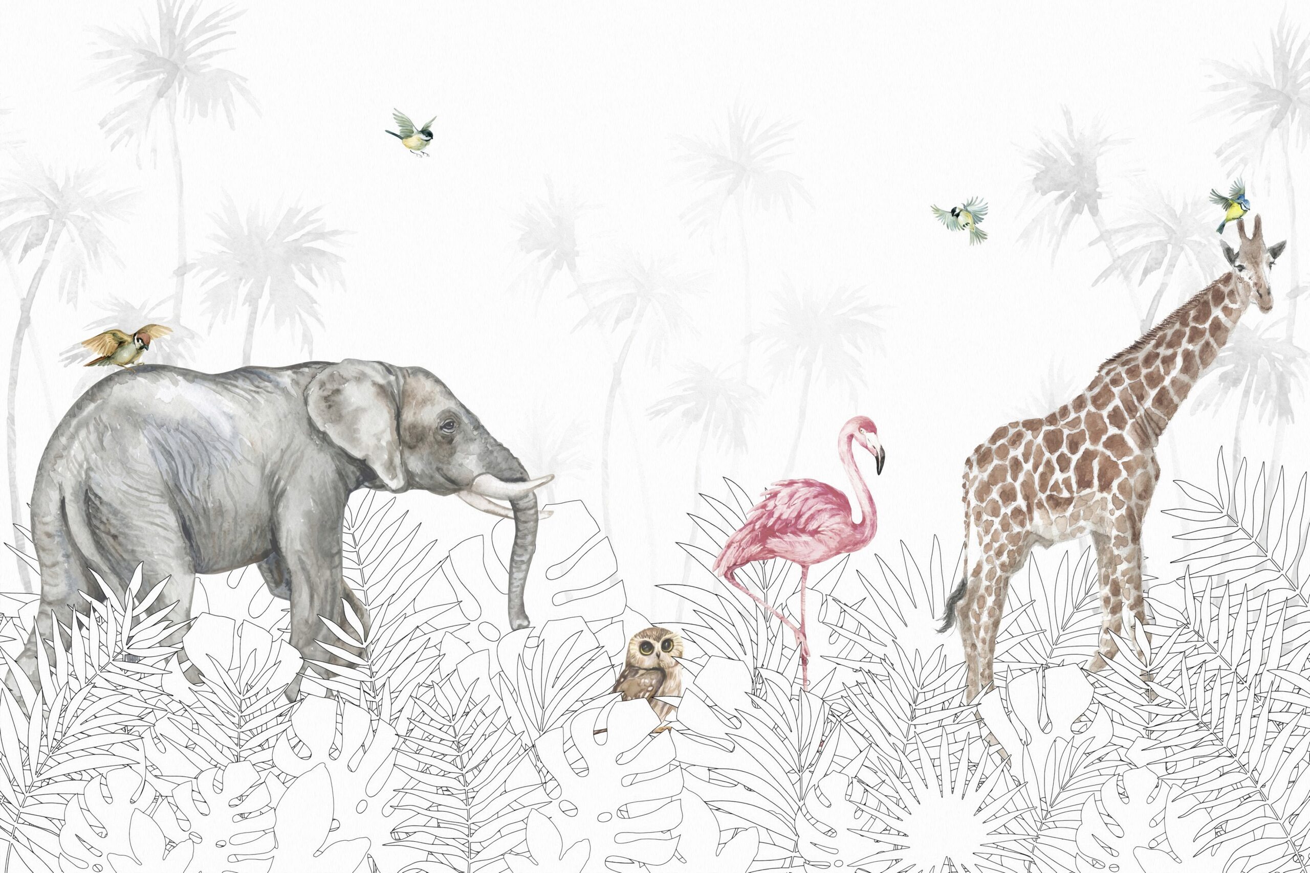 Safari,Jungle,Animals.,Giraffe,tiger,elephant,flamingo,monkey,And,Bird.,Animals,Among,Tropical,Trees.