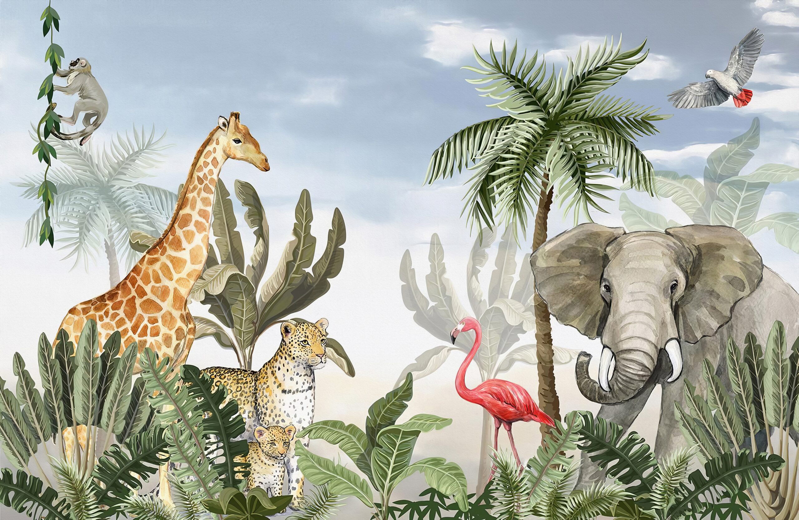 Safari,Jungle,Animals.,Giraffe,tiger,elephant,flamingo,monkey,And,Bird.,Animals,Among,Tropical,Trees.