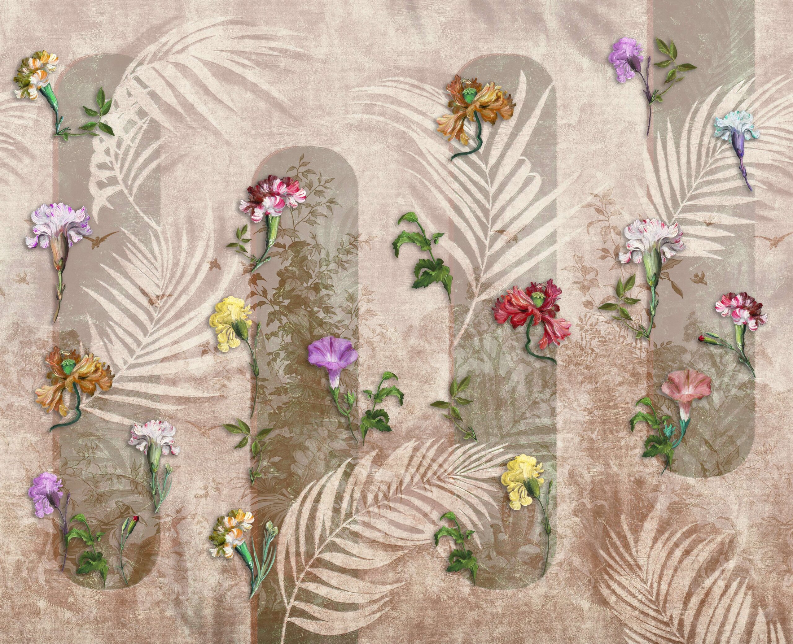 Different,Color,Background,With,Flowers,And,Leaf.,Mural,Design,Art.