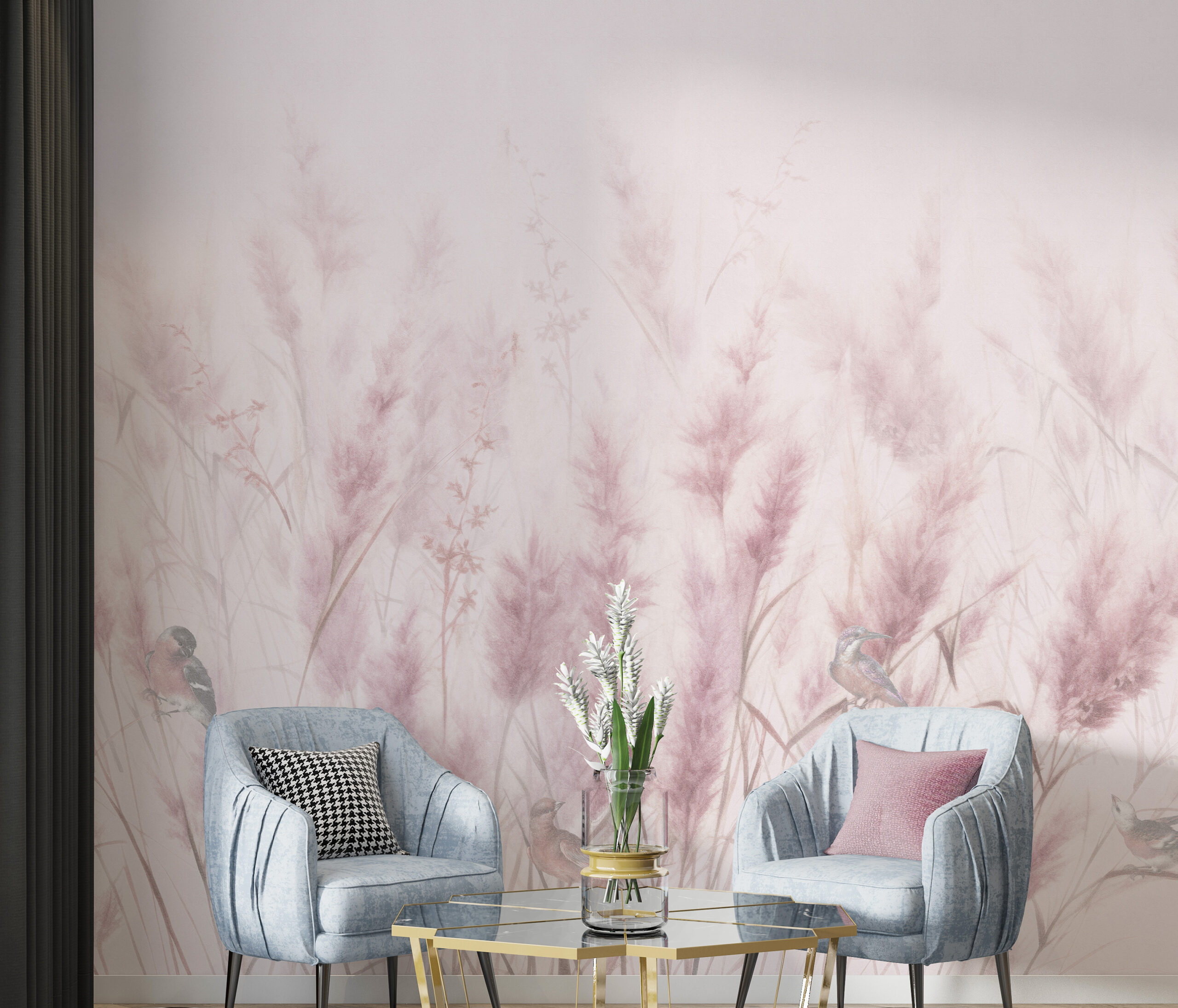 Foto murale Rozë me drithëra dhe zogj